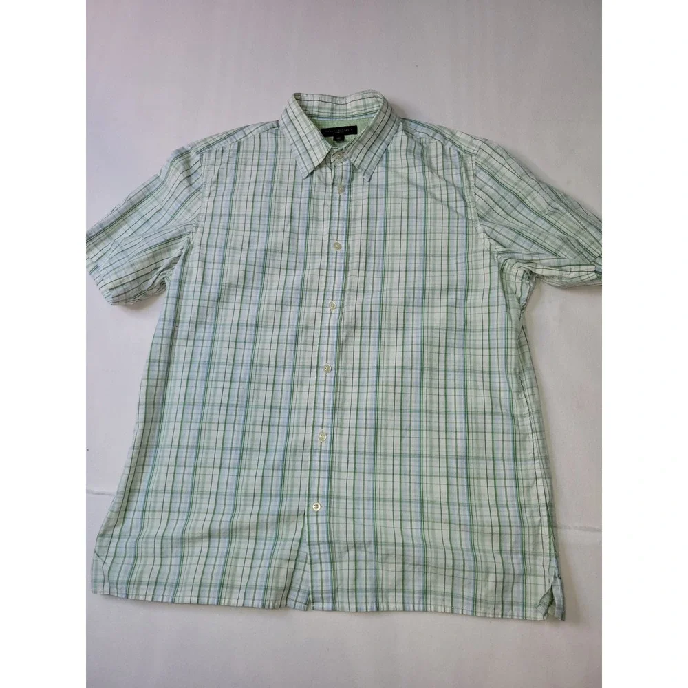 Banana Republic Mens Green White Plaid Short Sleeve Button Down Shirt Large 2206